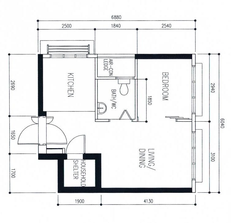 Floor plan of a 47 sqm BTO flat with zones labeled: living, dining, kitchen, bedroom, bathroom, household shelter.