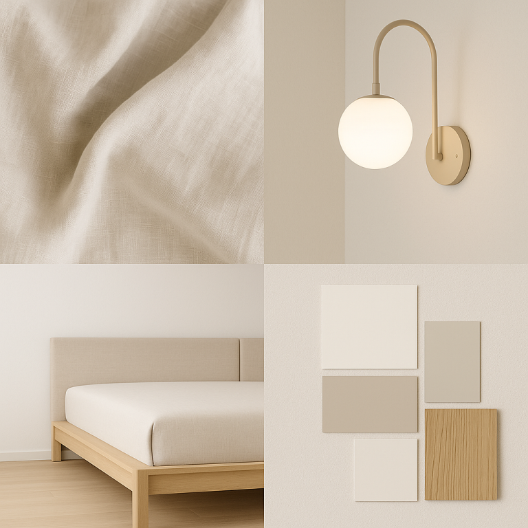 2 bedroom BTO HDB Moodboard—neutral linens, bed design, wall-pendant light.