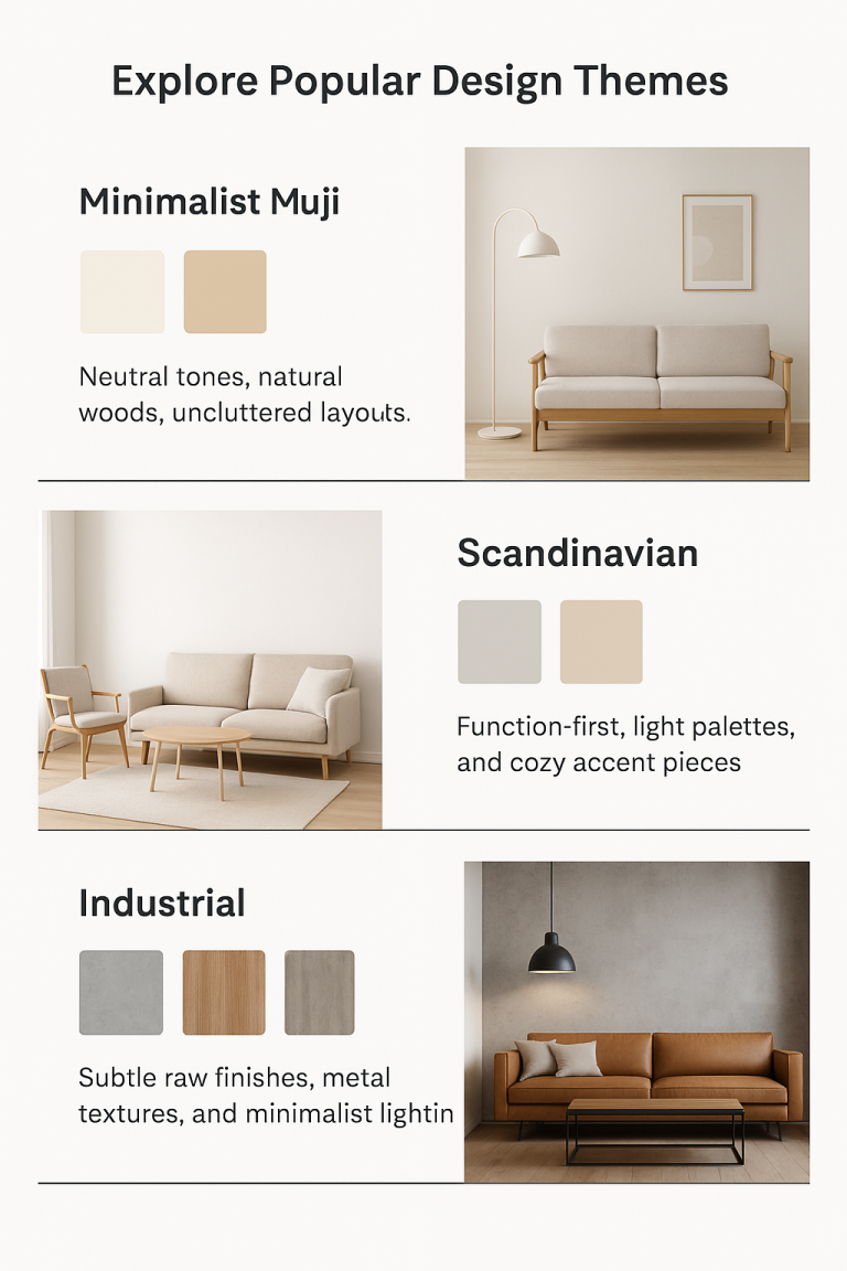 Moodboard featuring palette, materials, and accents for each style.
